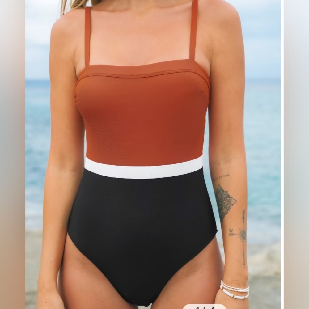 NWT Cupshe Colorblock One Piece Swim Suit Burnt Orange White Black Beach XLarge